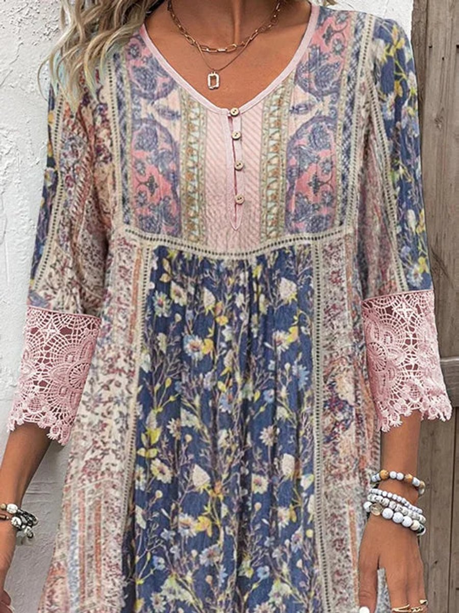 Women's Floral Lace-Sleeve Bohemian Tunic Dress