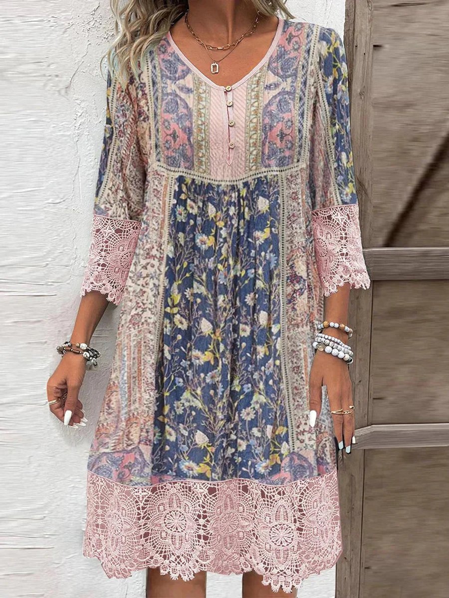 Women's Floral Lace-Sleeve Bohemian Tunic Dress