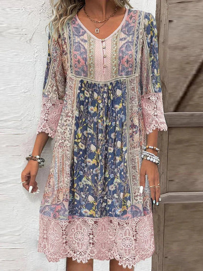Women's Floral Lace-Sleeve Bohemian Tunic Dress