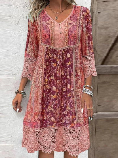 Women's Floral Lace-Sleeve Bohemian Tunic Dress