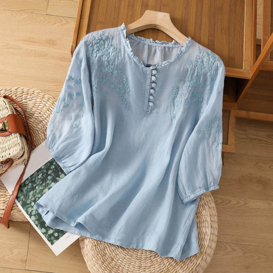 Women's Linen Boho Blouse with Embroidered Ruffle Collar