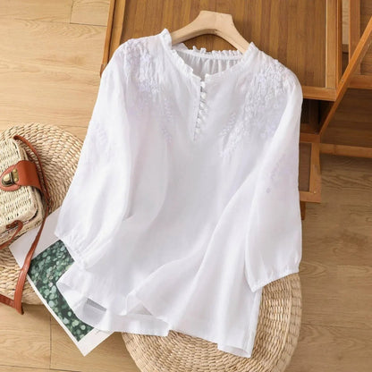 Women's Linen Boho Blouse with Embroidered Ruffle Collar