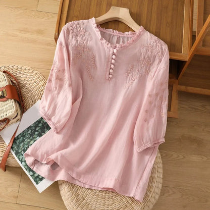Women's Linen Boho Blouse with Embroidered Ruffle Collar