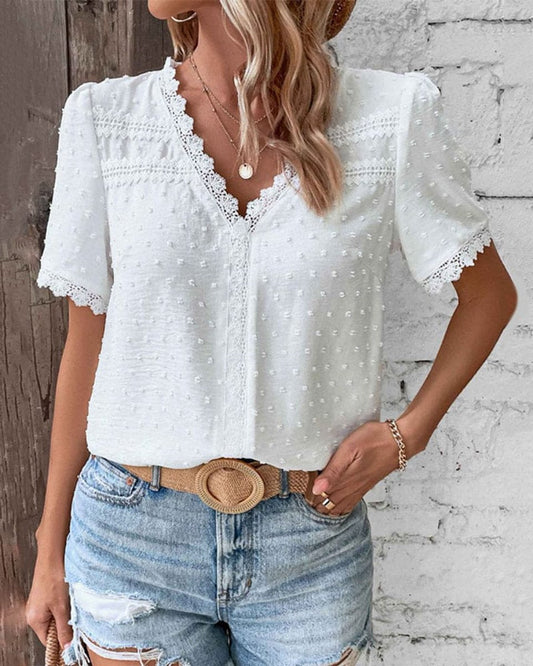 Women's Swiss Dot and Lace V-Neck Boho Blouse