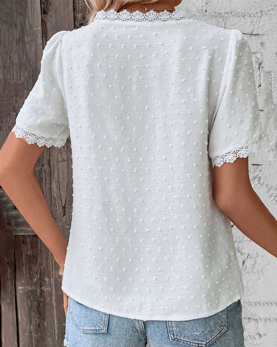 Women's Swiss Dot and Lace V-Neck Boho Blouse
