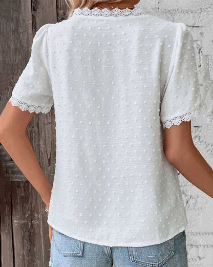 Women's Swiss Dot and Lace V-Neck Boho Blouse