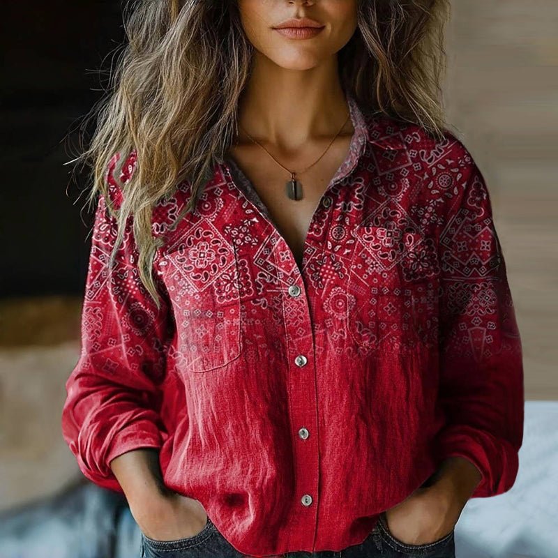 Women's Vintage Paisley Print Button-Front Boho Shirt