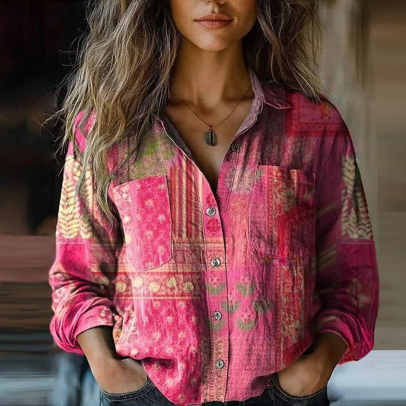 Women's Vintage Paisley Print Button-Front Boho Shirt