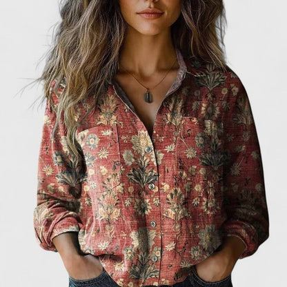 Women's Long-Sleeve Bohemian Floral Button-Up Blouse