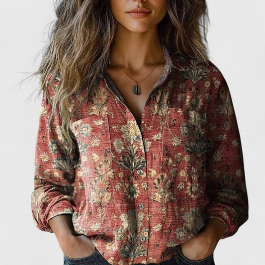 Women's Long-Sleeve Bohemian Floral Button-Up Blouse