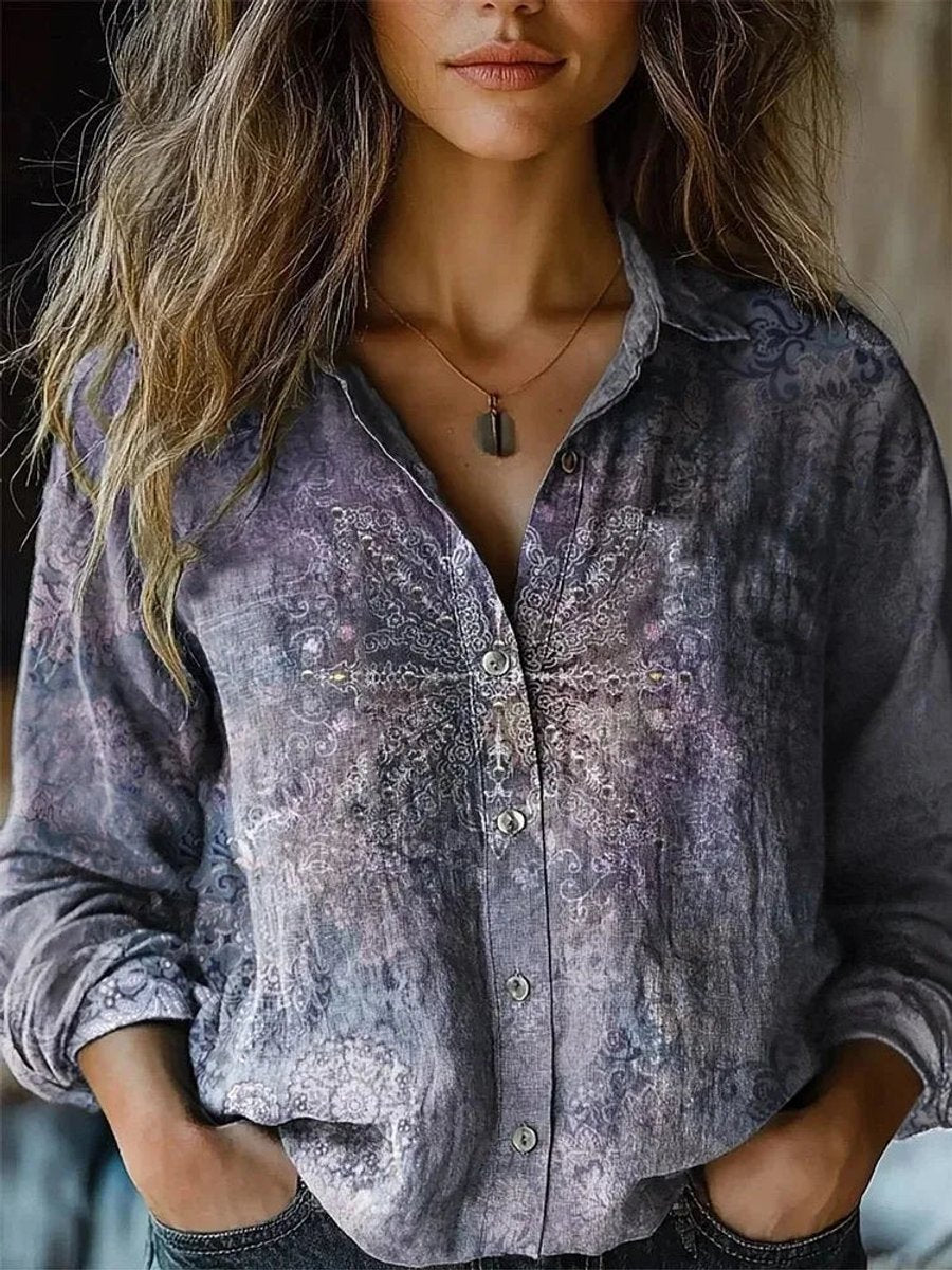 Women's Long-Sleeve Bohemian Floral Button-Up Blouse