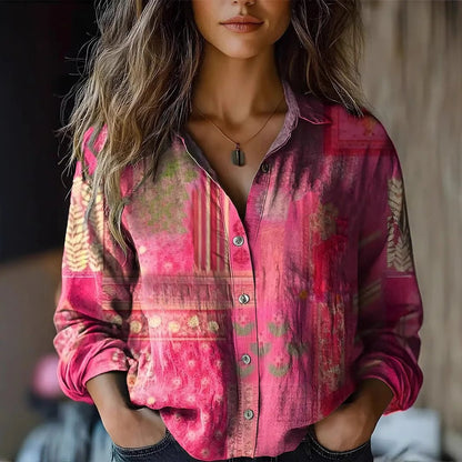 Women's Long-Sleeve Bohemian Floral Button-Up Blouse