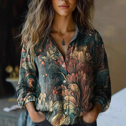 Women's Long-Sleeve Bohemian Floral Button-Up Blouse
