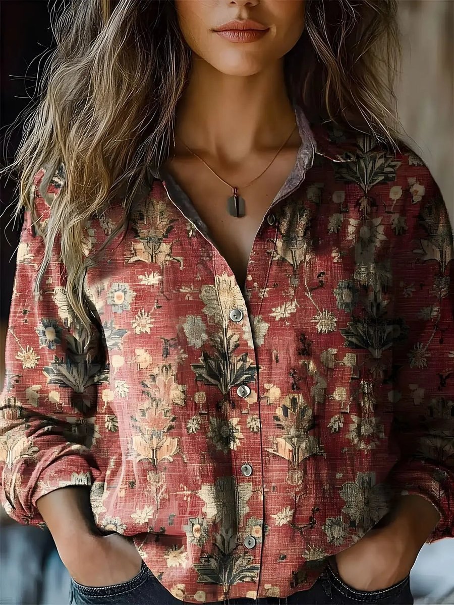 Women's Long-Sleeve Bohemian Floral Button-Up Blouse