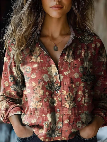 Women's Long-Sleeve Bohemian Floral Button-Up Blouse