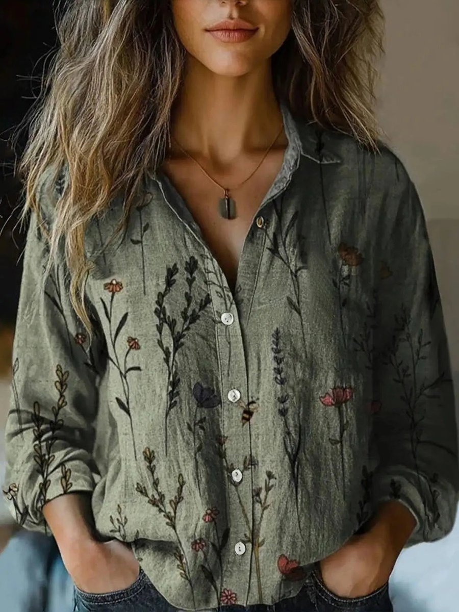 Women's Long-Sleeve Bohemian Floral Button-Up Blouse