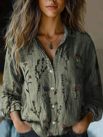 Women's Long-Sleeve Bohemian Floral Button-Up Blouse
