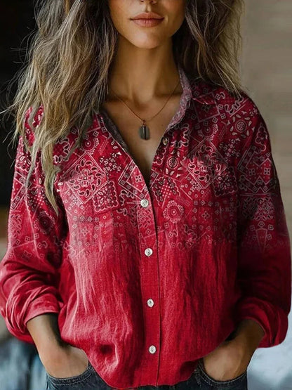 Women's Long-Sleeve Bohemian Floral Button-Up Blouse