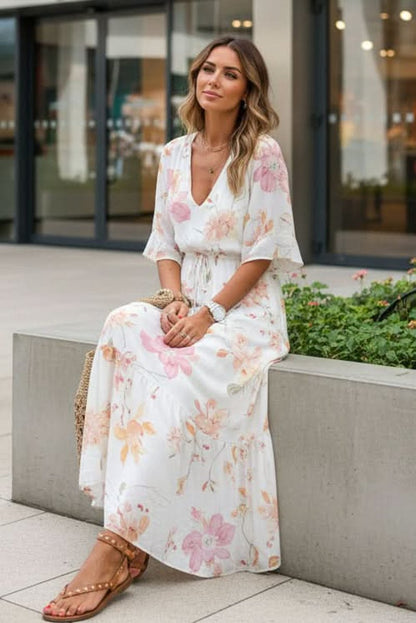 Women's Bohemian V-Neck Floral Maxi Evening Dress with Tie Waist