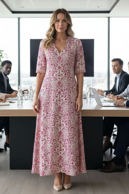 Women's Bohemian V-Neck Floral Maxi Evening Dress with Tie Waist