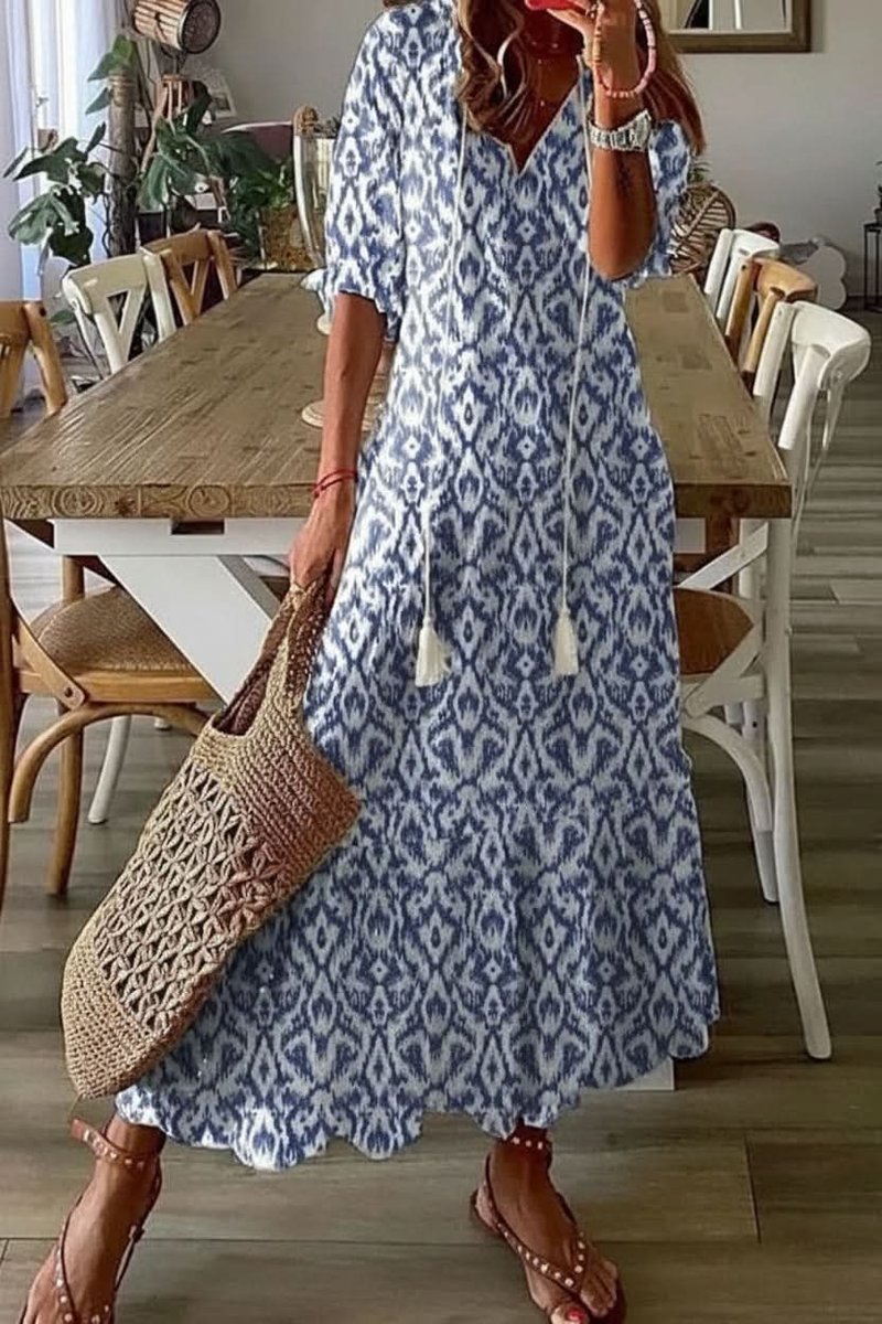 Women's Bohemian V-Neck Floral Maxi Evening Dress with Tie Waist