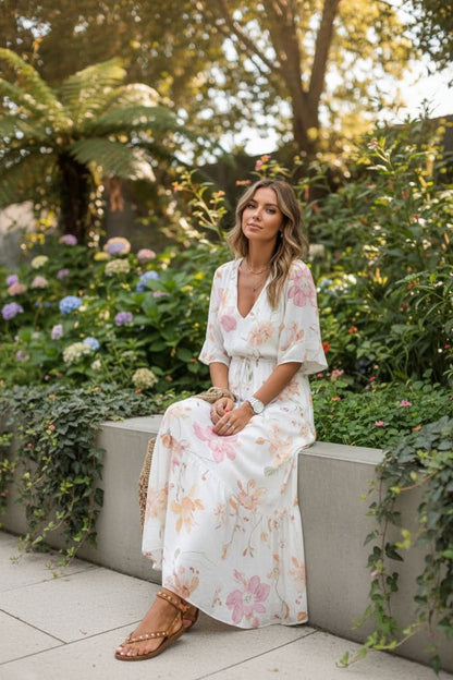 Women's Bohemian V-Neck Floral Maxi Evening Dress with Tie Waist