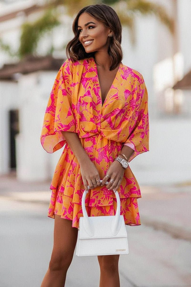 Women's Bohemian V-Neck Tropical Print Mini Cocktail Dress