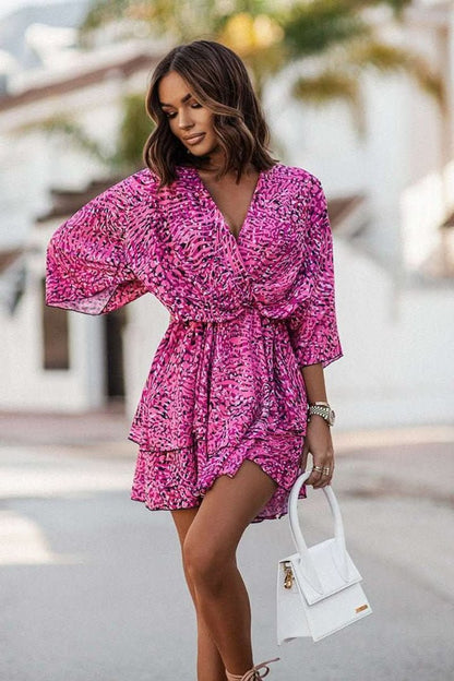 Women's Bohemian V-Neck Tropical Print Mini Cocktail Dress