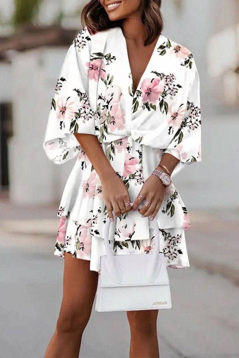Women's Bohemian V-Neck Tropical Print Mini Cocktail Dress