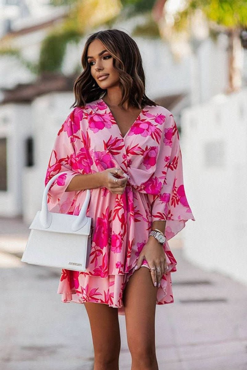 Women's Bohemian V-Neck Tropical Print Mini Cocktail Dress
