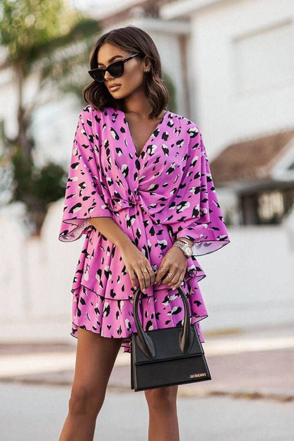 Women's Bohemian V-Neck Tropical Print Mini Cocktail Dress