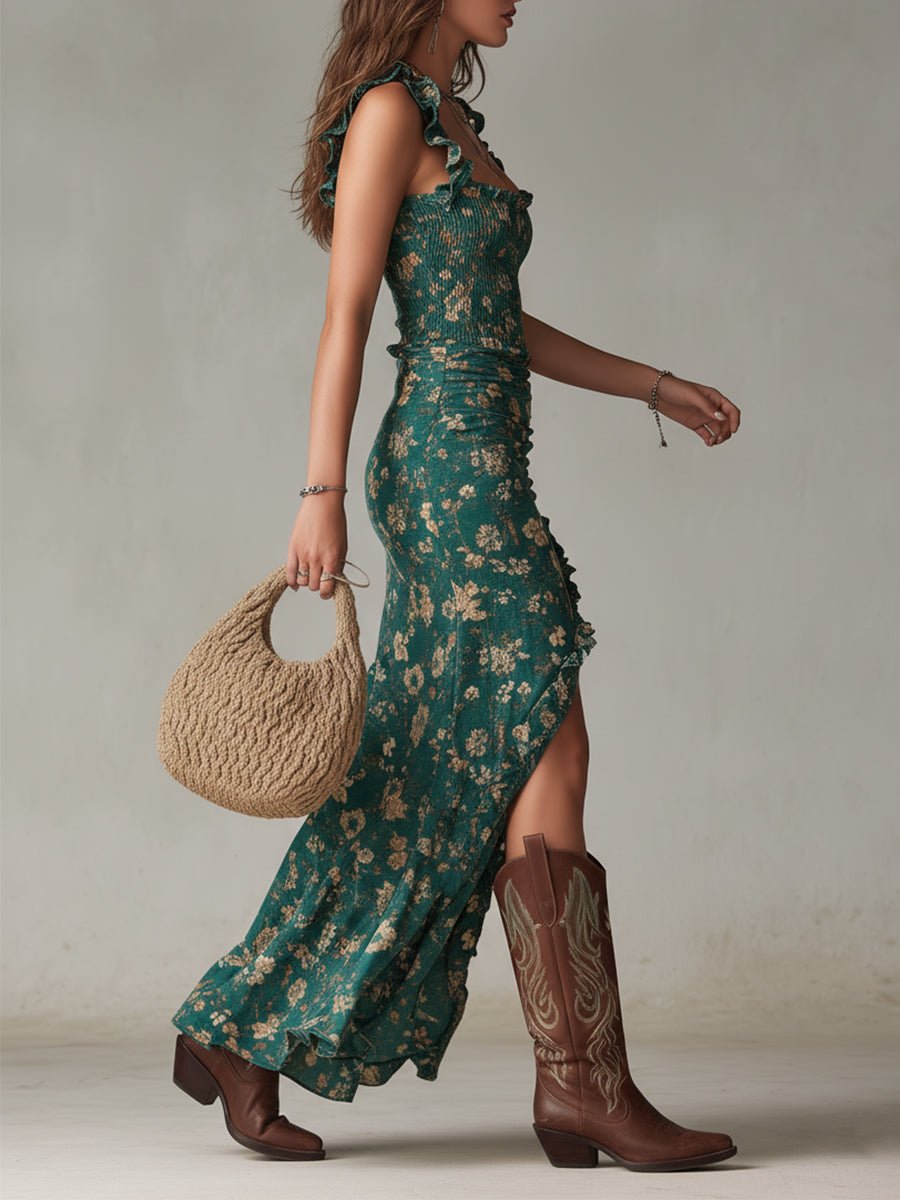 Women's Bohemian Floral Sleeveless Side-Slit Maxi Dress