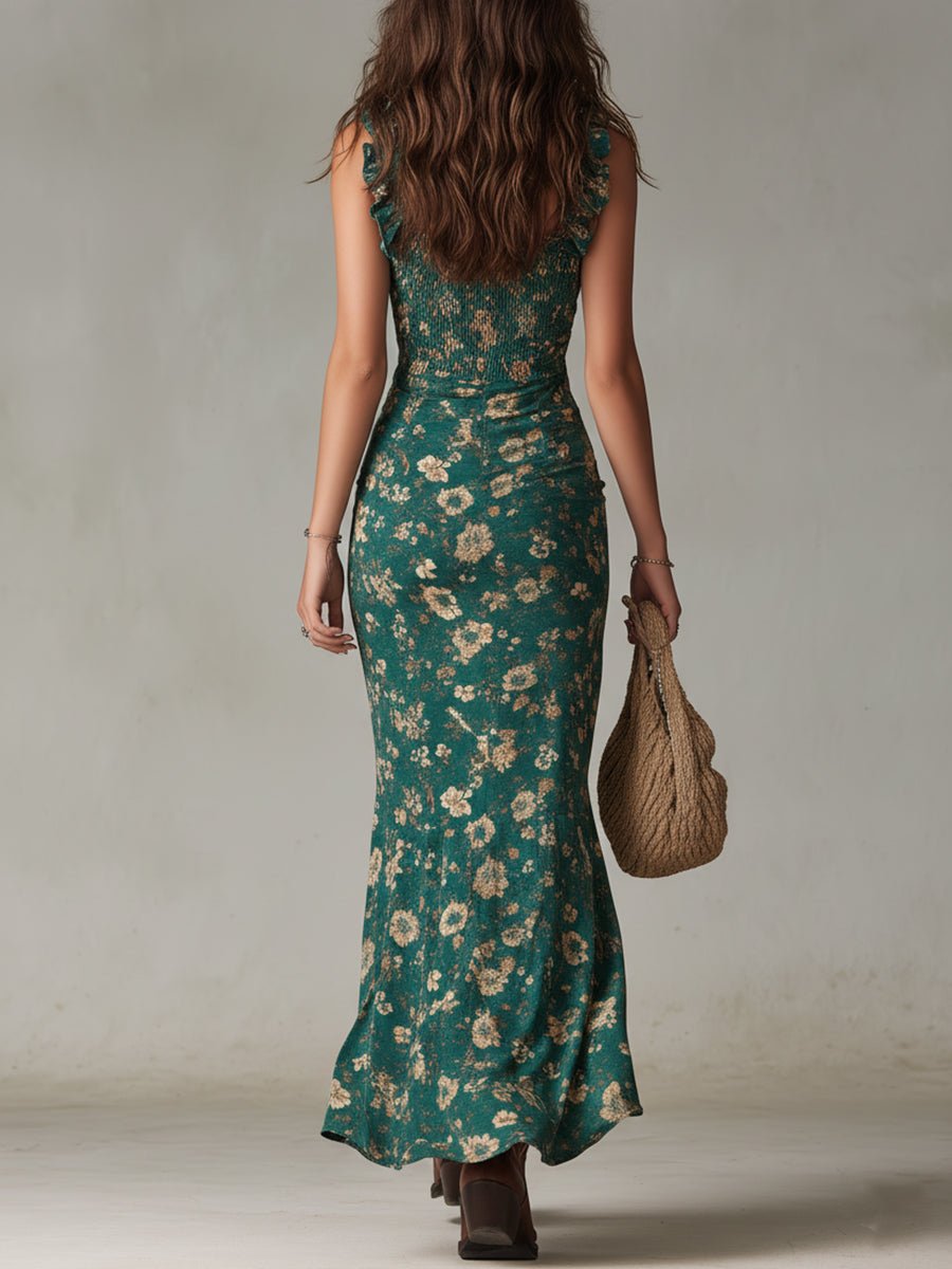 Women's Bohemian Floral Sleeveless Side-Slit Maxi Dress