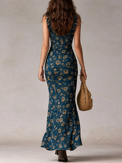 Women's Bohemian Floral Sleeveless Side-Slit Maxi Dress