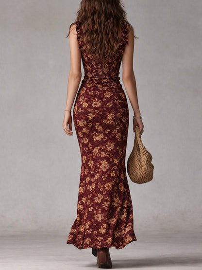 Women's Bohemian Floral Sleeveless Side-Slit Maxi Dress