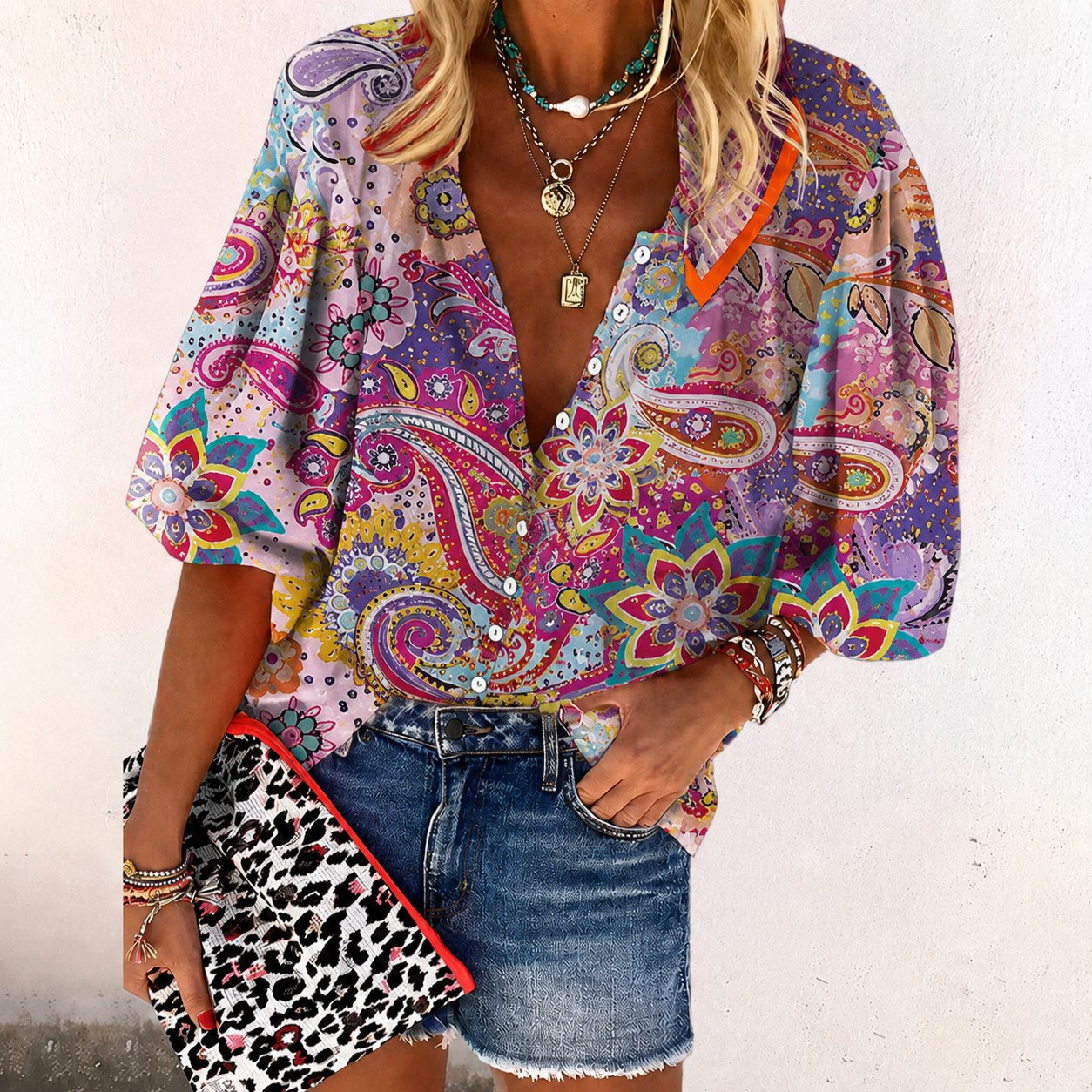 Women's Long-Sleeve Floral Boho V-Neck Blouse