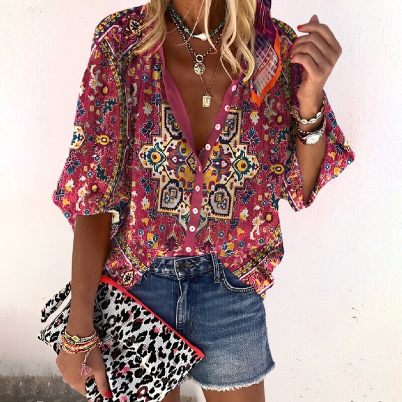 Women's Long-Sleeve Floral Boho V-Neck Blouse