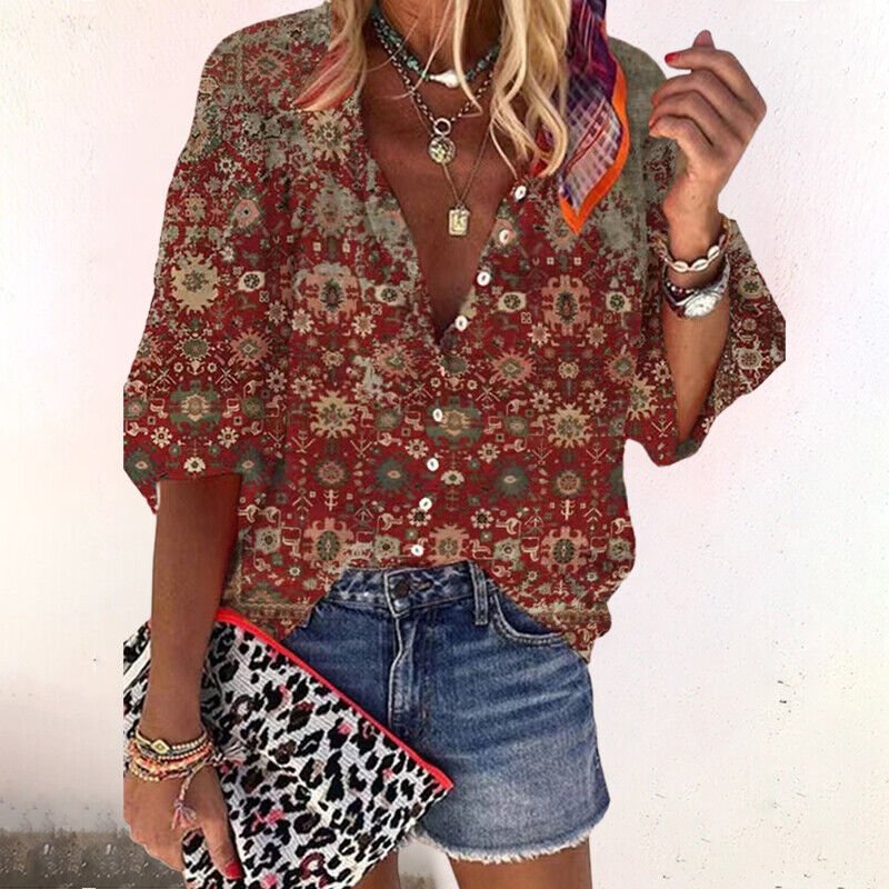 Women's Long-Sleeve Floral Boho V-Neck Blouse