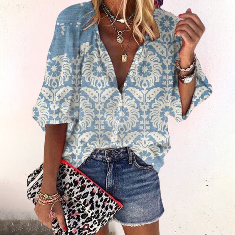 Women's Long-Sleeve Floral Boho V-Neck Blouse