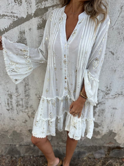 Women's Tiered Bohemian Dress with Wide Sleeves and Gold Accents