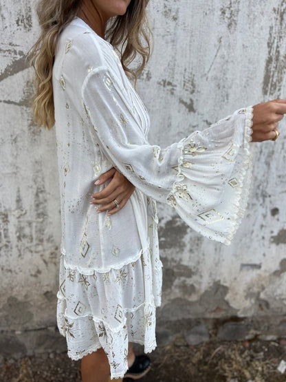 Women's Tiered Bohemian Dress with Wide Sleeves and Gold Accents