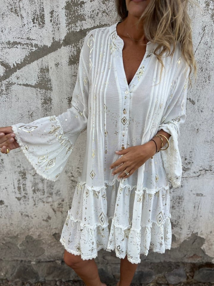 Women's Tiered Bohemian Dress with Wide Sleeves and Gold Accents