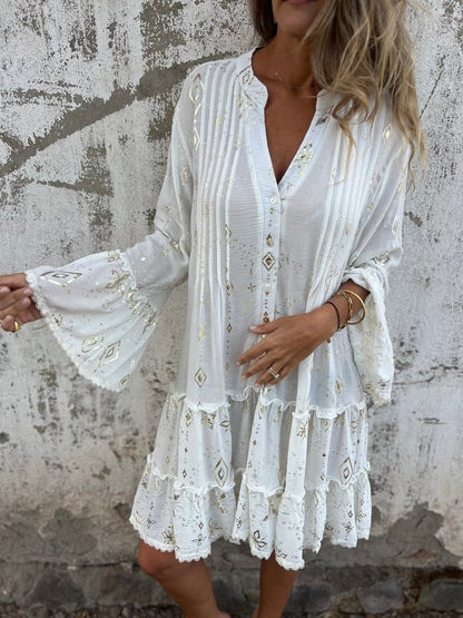 Women's Tiered Bohemian Dress with Wide Sleeves and Gold Accents