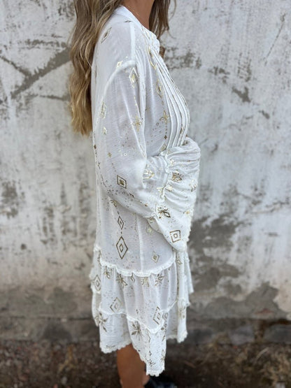 Women's Tiered Bohemian Dress with Wide Sleeves and Gold Accents