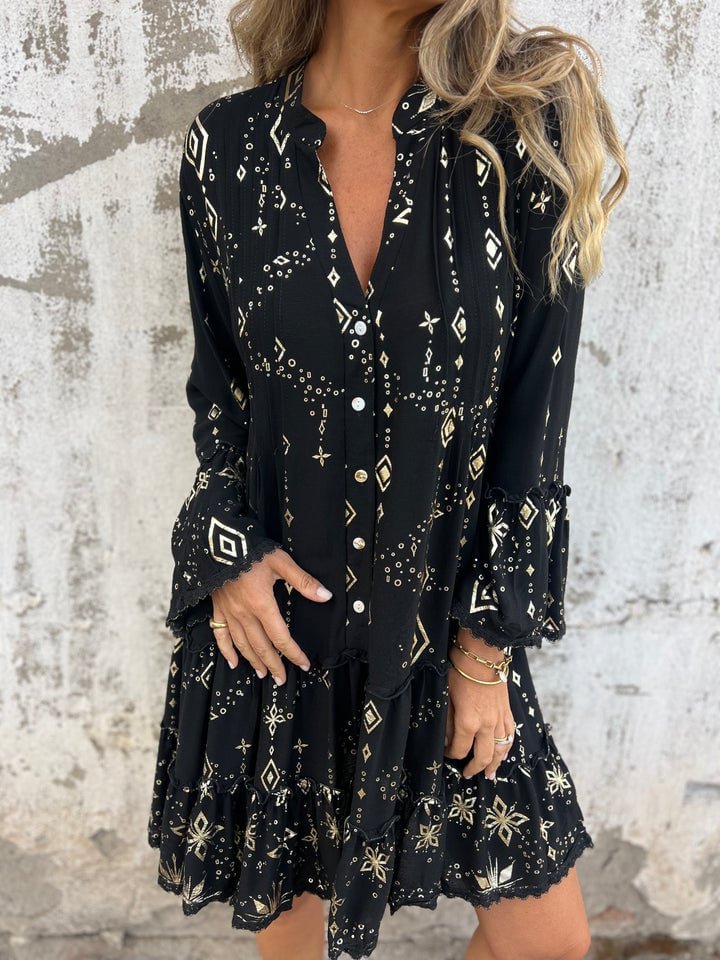 Women's Tiered Bohemian Dress with Wide Sleeves and Gold Accents