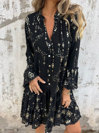 Women's Tiered Bohemian Dress with Wide Sleeves and Gold Accents