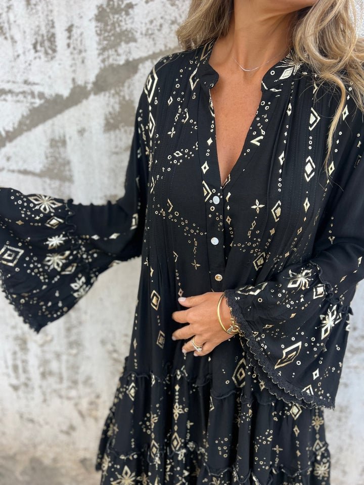 Women's Tiered Bohemian Dress with Wide Sleeves and Gold Accents