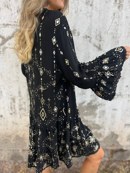 Women's Tiered Bohemian Dress with Wide Sleeves and Gold Accents