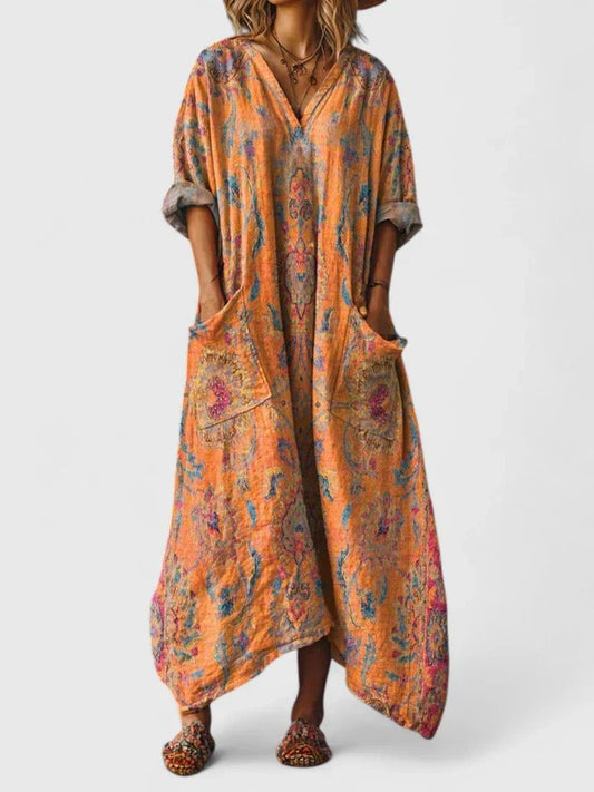 Women's Relaxed Cotton Paisley Boho Maxi Dress with Pockets