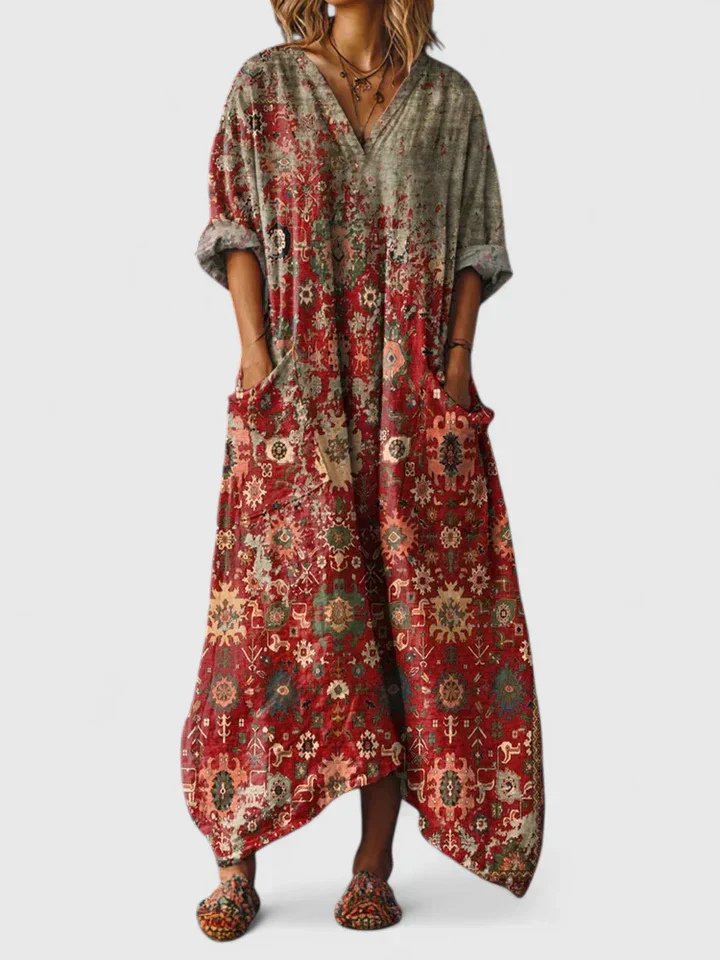 Women's Relaxed Cotton Paisley Boho Maxi Dress with Pockets